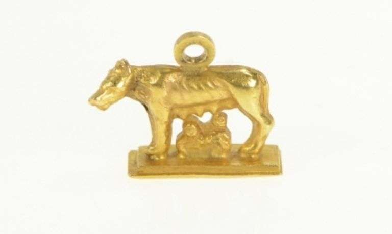 18K Yellow Gold Capitoline Wolf Romulus Remus Roman Myth Charm/Pendant