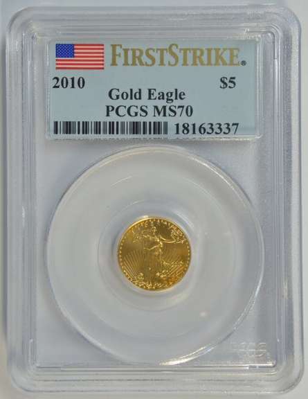 Perfect 1st Strike 2010 $5 Gold Eagle coin. PCGS MS70