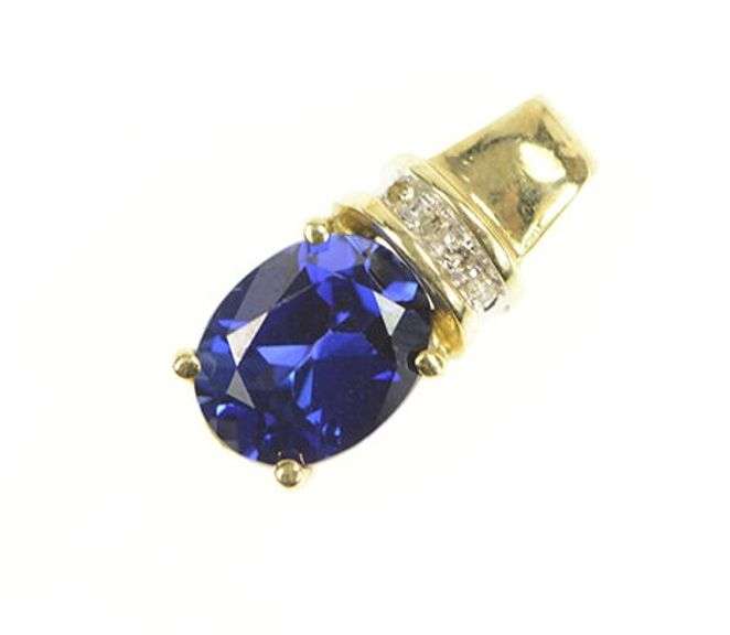 10K Yellow Gold Oval Syn. Sapphire Diamond Accent Classic Pendant