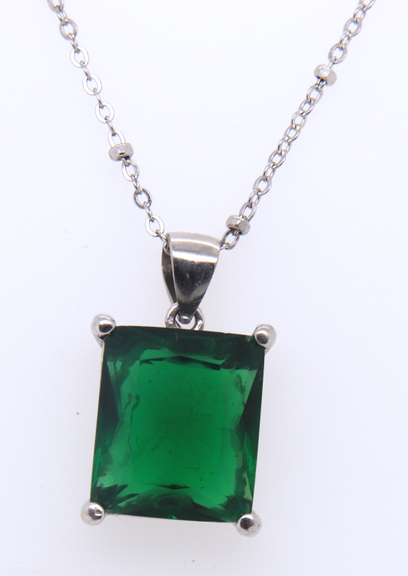 Set of 925 Sterling Silver Green Cubic Zirconia Necklace. Ring and Earrings