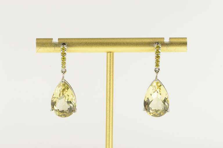 14K White Gold Pear Citrine Bar Drop Dangle Statement Earrings