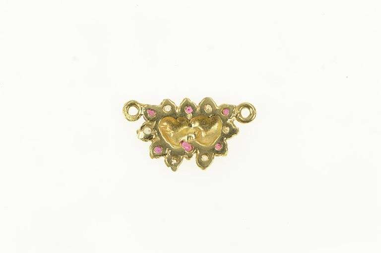 14K Yellow Gold Vintage Heart Red & White CZ Valentine Charm/Pendant