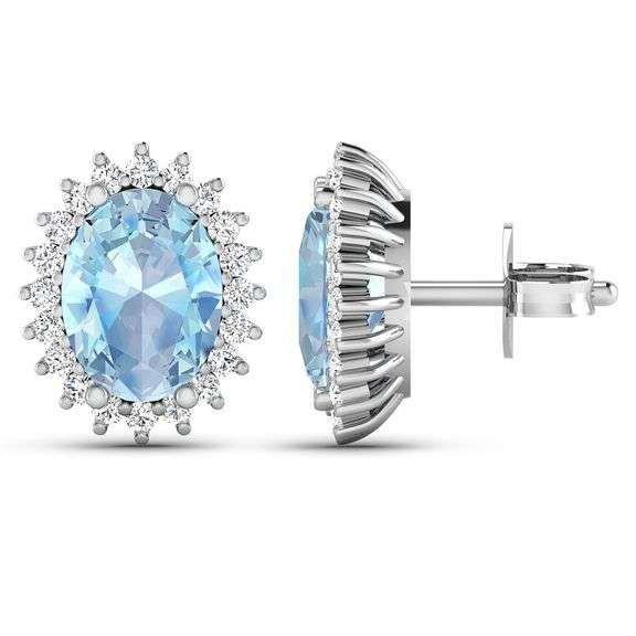 Solid 14 Kt White Gold Aquamarine Diamond Earrings
