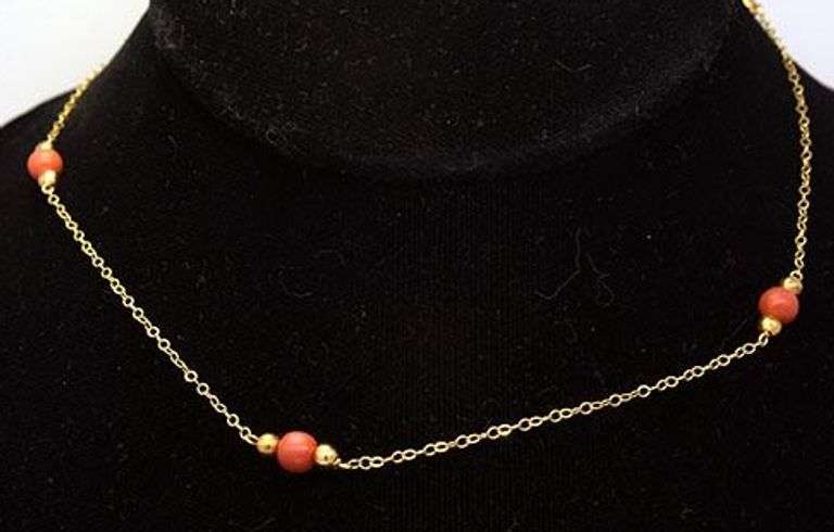 Delicate Chain Necklace with Coral & Gold Beads, 21in