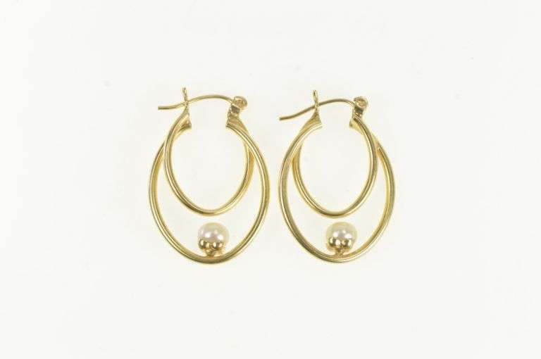 14K Yellow Gold Pearl Oval Vintage Beaded Statement Hoop Earrings