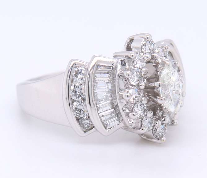 Attractive White Gold Marquoise in Baguette and Round brilliant Cut Diamond Setting