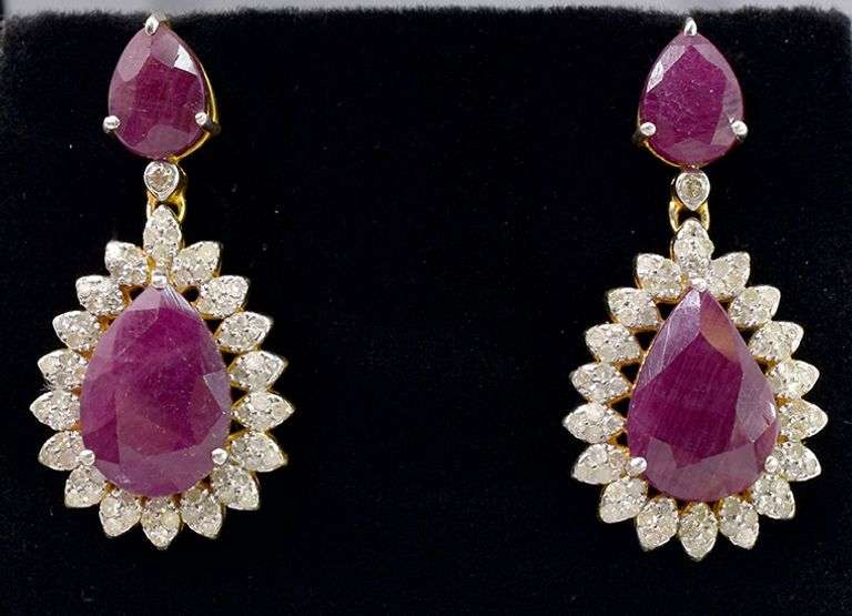 Exquisite 12.00CTW Ruby & 1.78CTW Diamond Earrings on Gold Plated Sterling Silver