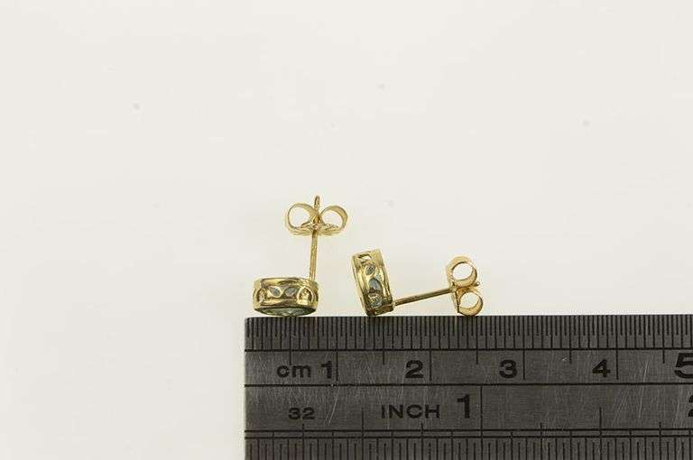14K Yellow Gold Oval Blue Topaz Solitaire Vintage Stud Earrings