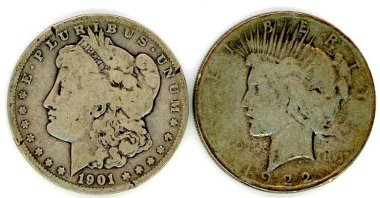 Two Different Types of US Silver Dollar: 1901-S Morgan & 1922 Peace