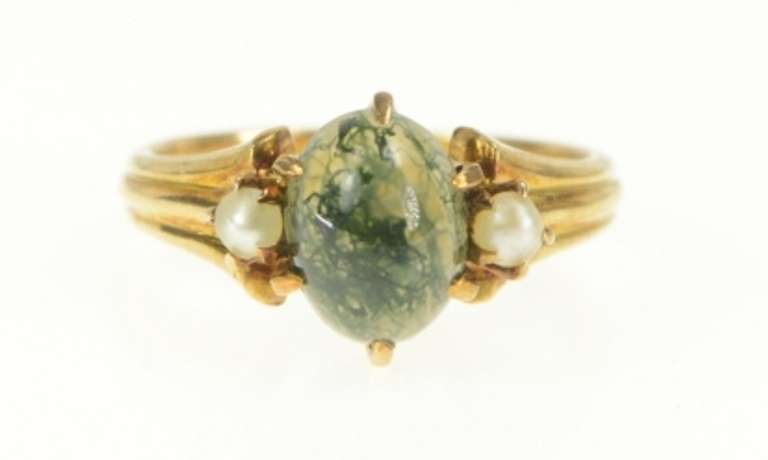 14K Yellow Gold Oval Moss Agate Cabochon Seed Pearl Ring