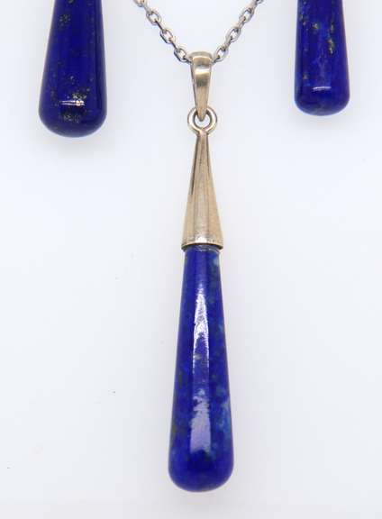 Set of Vintage 925 Sterling Silver Lapis Necklace and Dangle Earrings