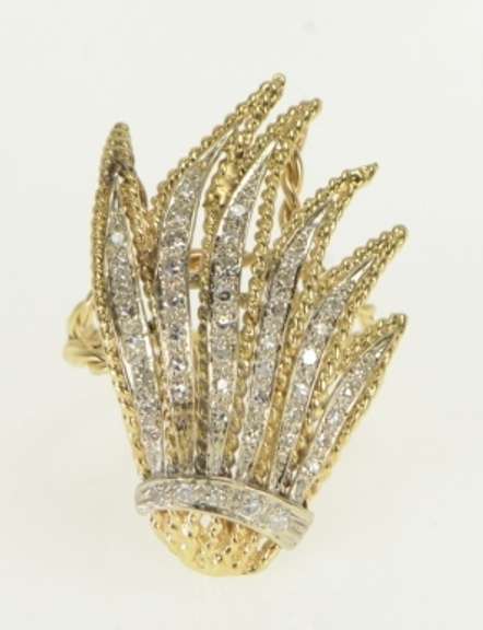 14K Yellow Gold 1940's White Sapphire Fanned Leaf Cluster Ring