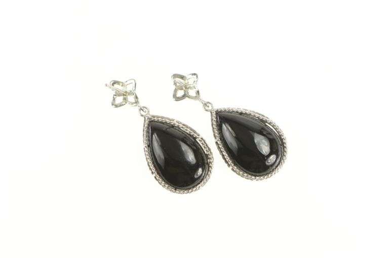 14K White Gold Pear Tear Drop Black Onyx Dangle Statement Earrings