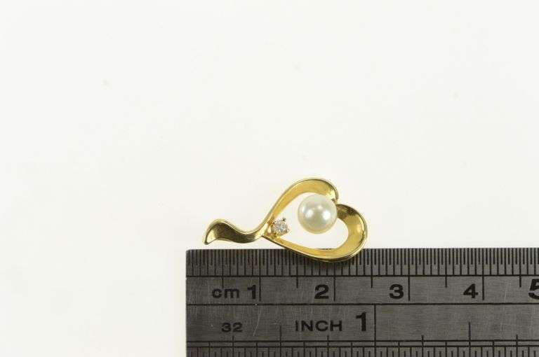 14K Yellow Gold Pearl Diamond Accent Curvy Heart Love Pendant