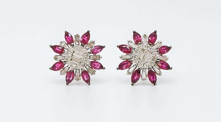 Floral 18kt White Gold Diamond and Ruby Studs