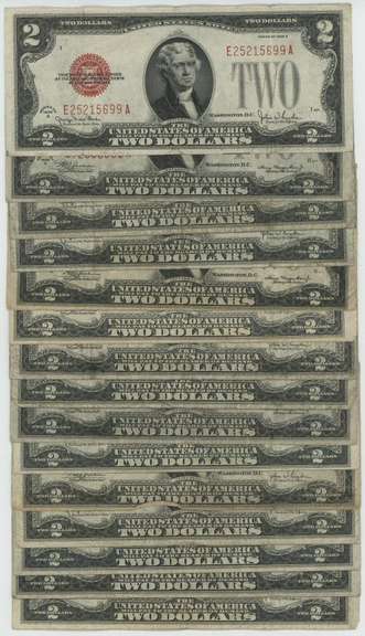 Great lot of 15 Series of 1928 Small Size $2 Red Seal notes