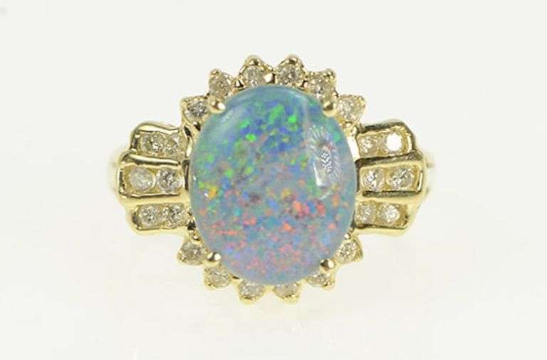 14K Yellow Gold Oval Opal Triplet Diamond Halo Vintage Ring