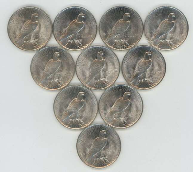 Half Roll of 10 flashy-white BU 1923 Peace Silver Dollars