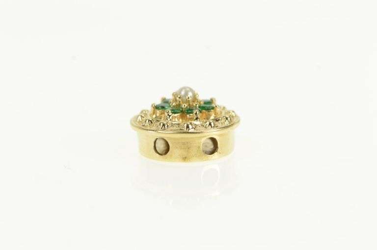 14K Yellow Gold Ornate Pearl Sim. Emerald Round Slide Charm Bracelet