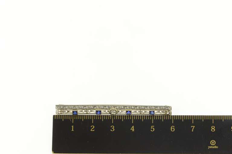 14K White Gold Art Deco Diamond Syn. Sapphire Filigree Bar Pin/Brooch
