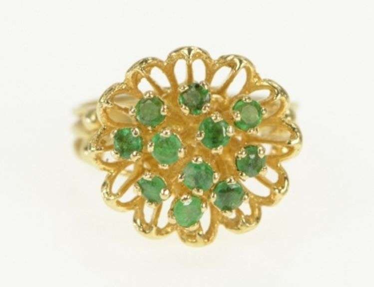 14K Yellow Gold 1960's Emerald Floral Domed Cluster Cocktail Ring