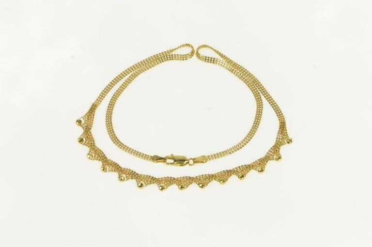 18K Yellow Gold Scalloped Mesh Ball Fringe Squared Chain Necklace