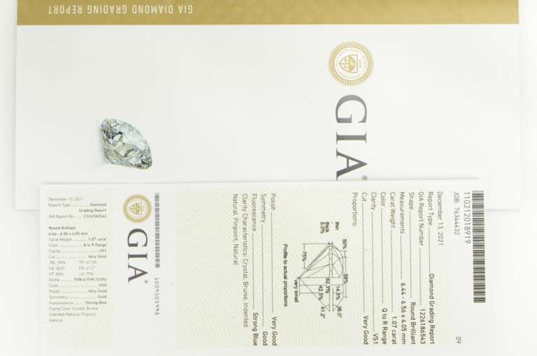 GIA 1.07 Ct Round Brilliant Cut Q-R Color, VS1 Clarity Diamond