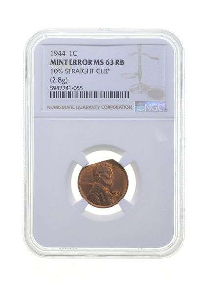MS63 RB ERROR 1944 Lincoln Wheat Cent 10% Straight Clip (2.8g) - NGC