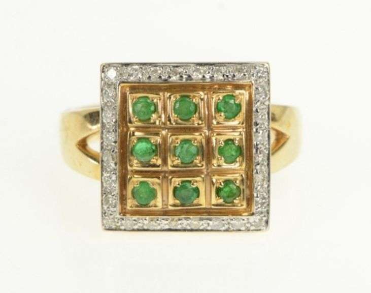 14K Yellow Gold Emerald Diamond Squared Halo Statement Ring