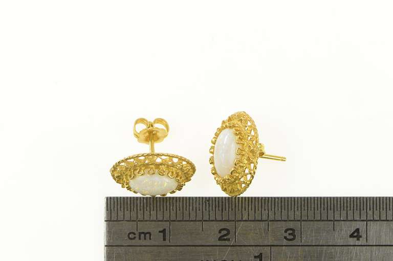 14K Yellow Gold Oval Natural Opal Ornate Filigree Halo Stud Earrings