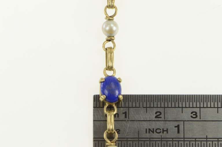 14K Yellow Gold 1960's Lapis Lazuli Pearl Vintage Chain Bracelet