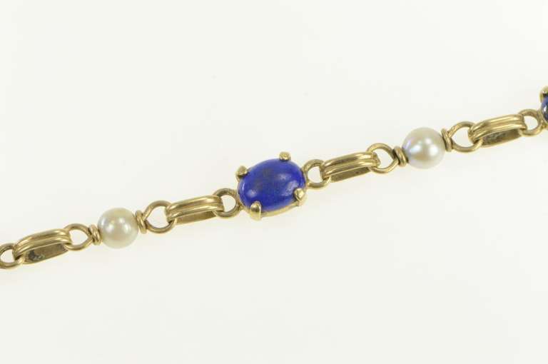 14K Yellow Gold 1960's Lapis Lazuli Pearl Vintage Chain Bracelet