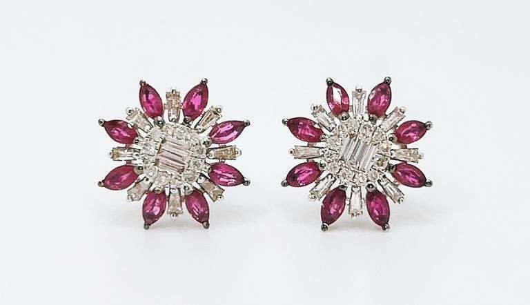 Floral 18kt White Gold Diamond and Ruby Studs