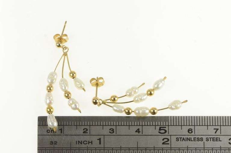 14K Yellow Gold Pearl Dangle Fringe Tassel Vintage Statement Earrings