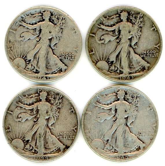 Four Different Walking Liberty Silver Half Dollars: 1941-1945