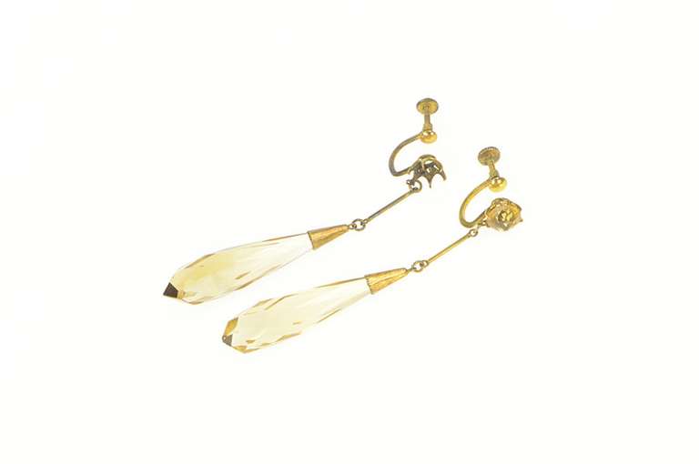 14K Yellow Gold 1940's Smoky Quartz Dangle Screw Back Earrings