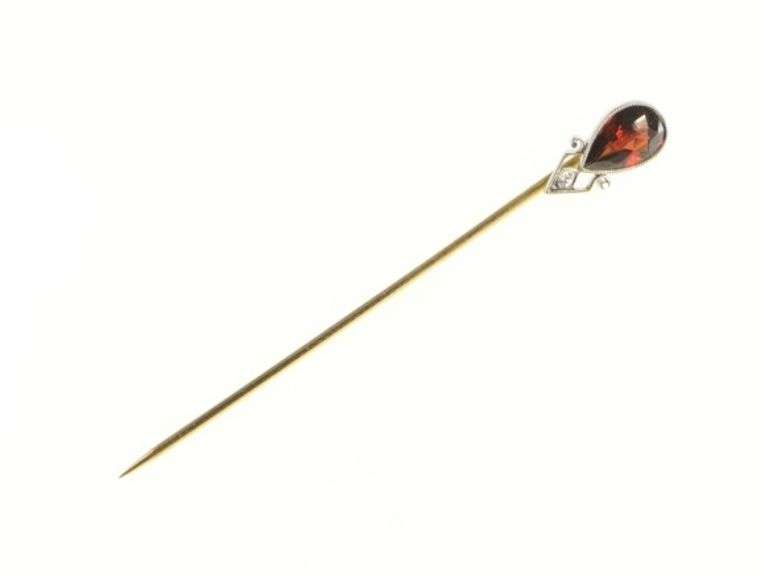 14K Yellow Gold Victorian Tear Drop Garnet Diamond Antique Stick Pin