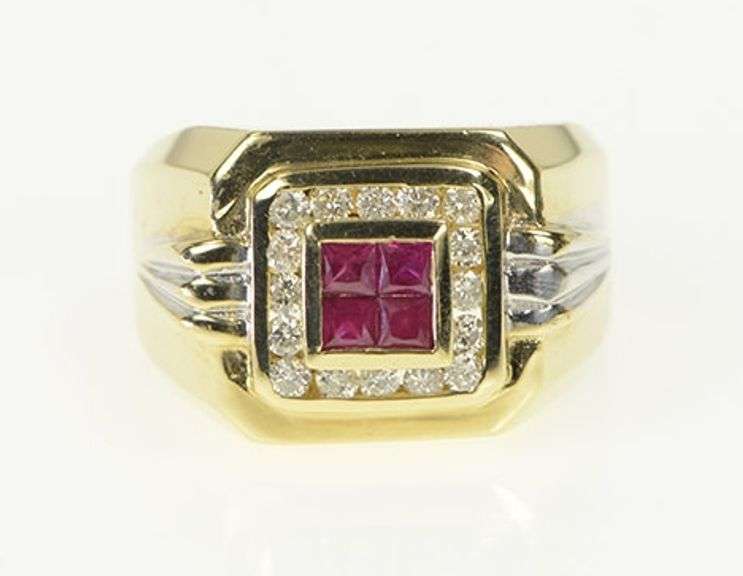 14K Yellow Gold 1.00 Ctw Princess Syn. Ruby Diamond Squared Ring