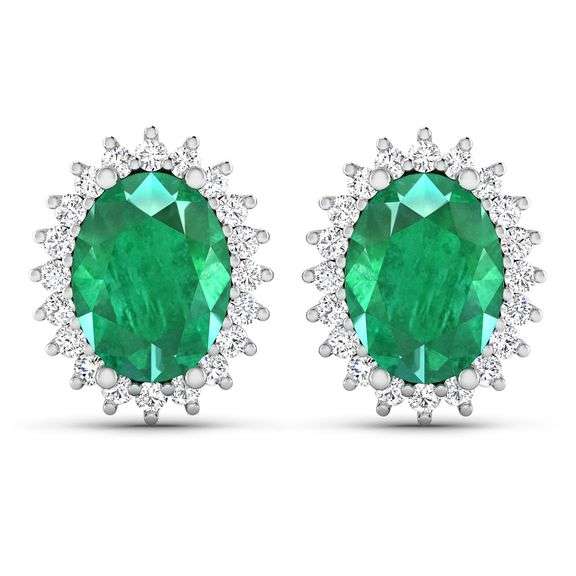 Solid 14 Kt White Gold Emerald & Diamond Earrings