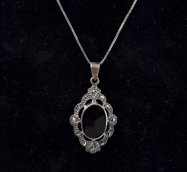 Black Onyx And Marcasite Pendant Necklace In Sterling Silver