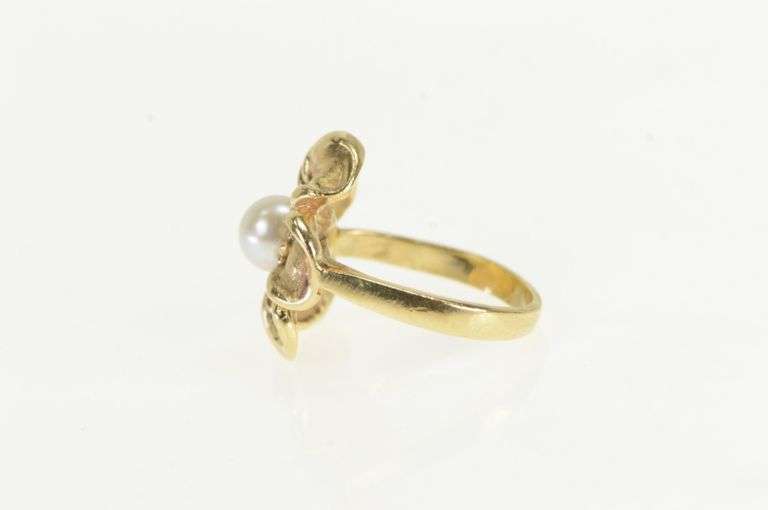 14K Yellow Gold Vintage Pearl Hibiscus Flower Statement Ring