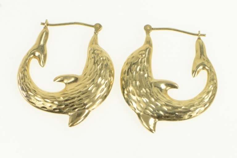 14K Yellow Gold Diamond Cut Dolphin Puffy Statement Hoop Earrings