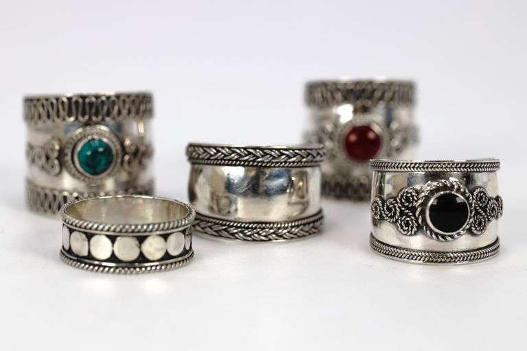.925 Sterling Silver Handmade Bali Rings Lot of 5 Various Sizes & Styles