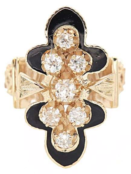 Vintage 0.50ctw European Cut Diamond and Enamel Ring in 14K