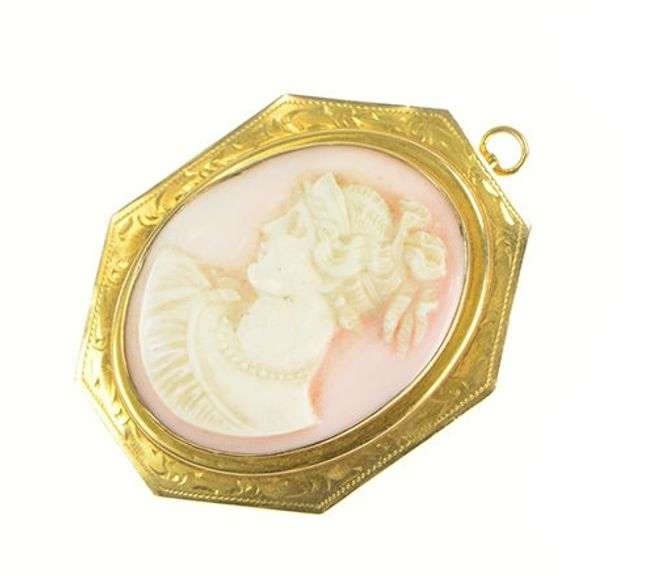 10K Yellow Gold Victorian Ornate Carved Shell Cameo Lady Pendant/Pin