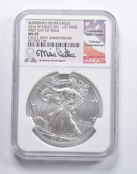 MS69 2016-W Burnished Silver Eagle Lett. Edge FDOI Anniv. Castle NGC