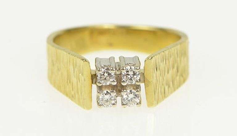 14K Yellow Gold 1960's Squared Diamond Cluster Textured Ring