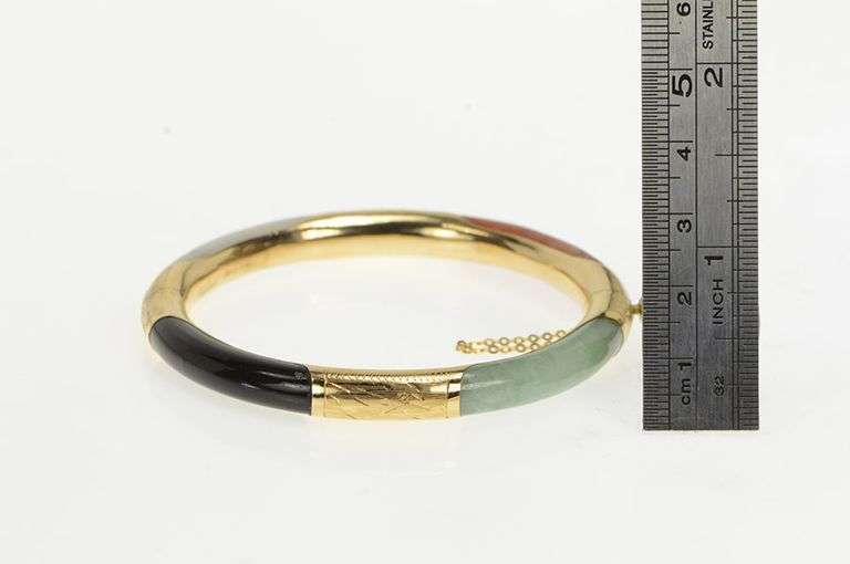 14K Yellow Gold Ornate Vintage Carved Jade Engraved Bangle Bracelet
