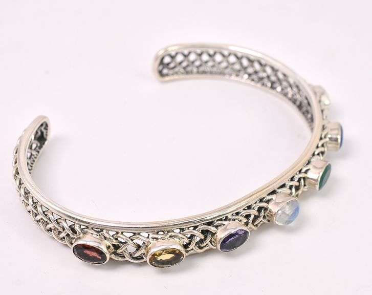 Multi-Gem Cuff Bracelet In Sterling Silver