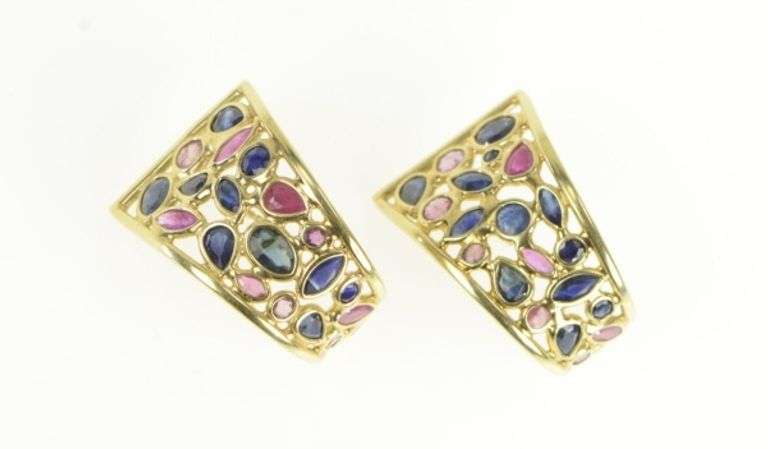 14K Yellow Gold Natural Sapphire Ruby Curved Statement Hoop Earrings